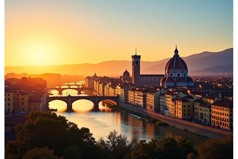 Panorama di Firenze al tramonto, con il Duomo e l'Arno, a simboleggiare le radici italiane dell'azienda