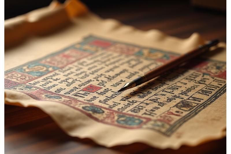 Antico manoscritto illuminato con una penna d'oca, simbolo di conoscenza tradizionale
