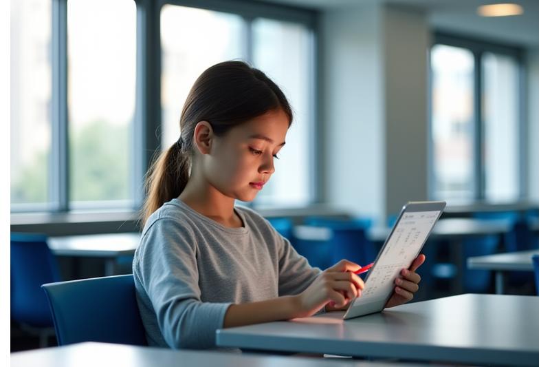Studente che utilizza un tablet in un'aula moderna, che mostra la transizione all'istruzione digitale