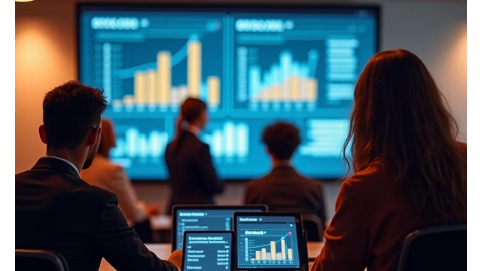 Aula virtuale con studenti impegnati e lavagna digitale che mostra concetti di crescita personale