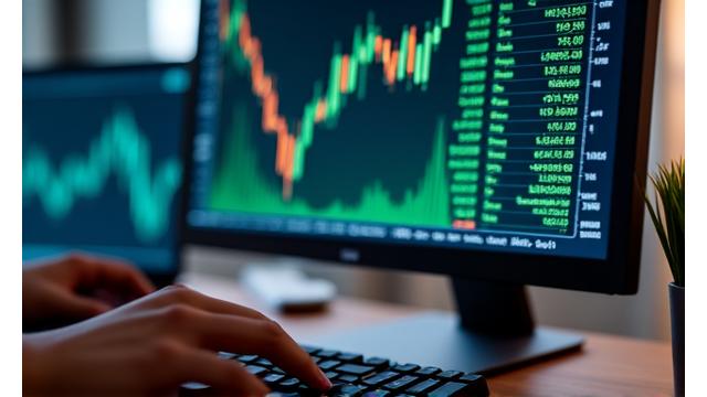 Schermo di computer che mostra grafici di borsa e mani che digitano