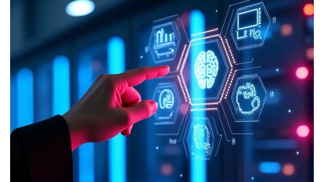 Mano che interagisce con un'interfaccia olografica che mostra icone tecnologiche