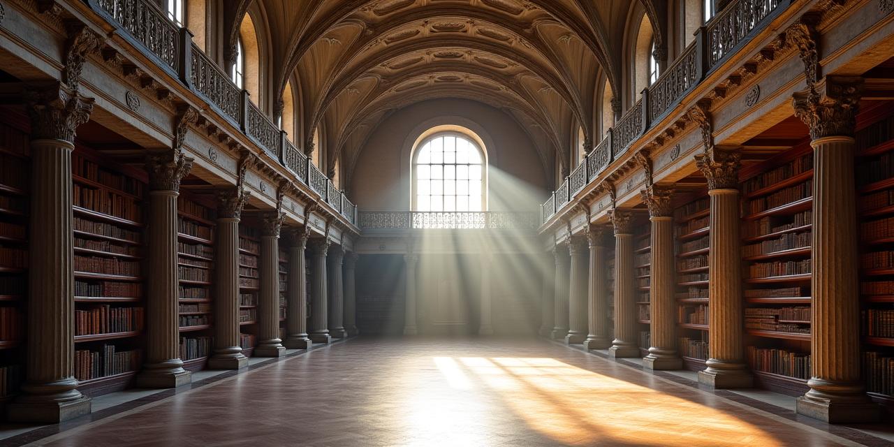 Interno maestoso della Biblioteca Medicea Laurenziana a Firenze, con scaffali pieni di libri antichi e luce soffusa