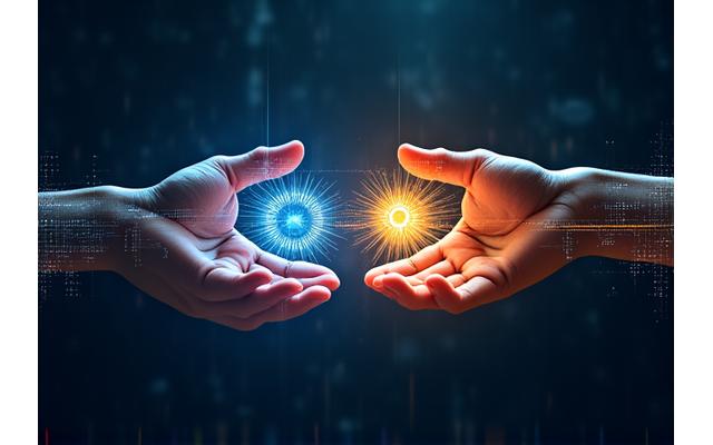 Due mani che uniscono ingranaggi digitali, rappresentando sviluppo e innovazione tecnologica