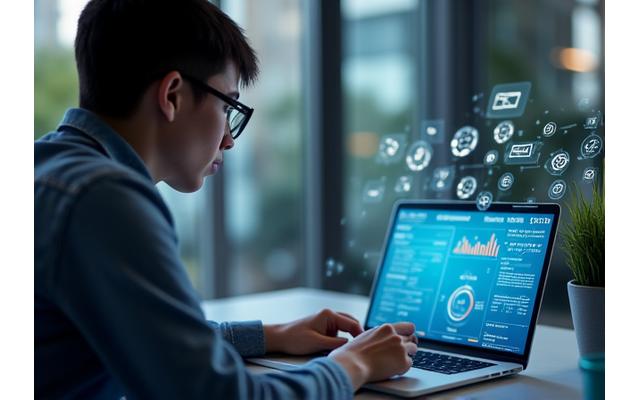 Persona che studia su un laptop con icone di finanza e tecnologia fluttuanti, simbolo di formazione online