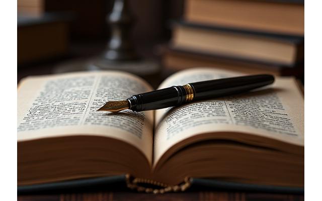 Libro aperto con pagine antiche e una penna stilografica, simbolo di editoria educativa