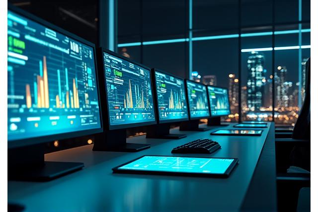 Schermi di computer vari con grafici di tendenza e icone di tecnologia in un ambiente moderno.