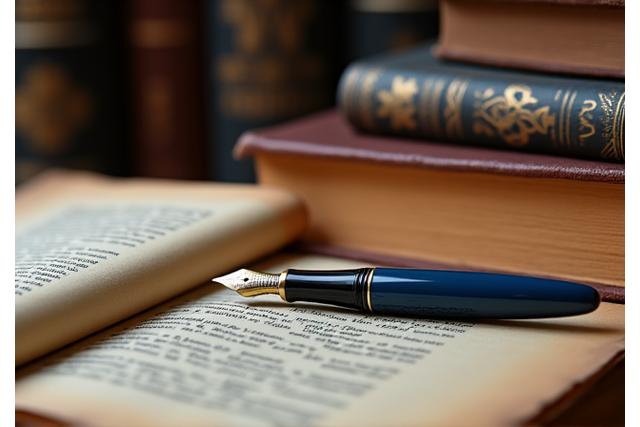 Pile di libri antichi e moderni, penna stilografica su pergamena.