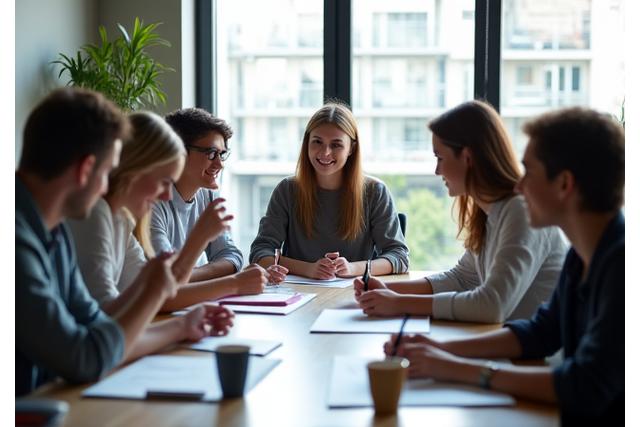 Gruppo di persone impegnate in un workshop interattivo, con lavagna a fogli mobili e discussione animata.